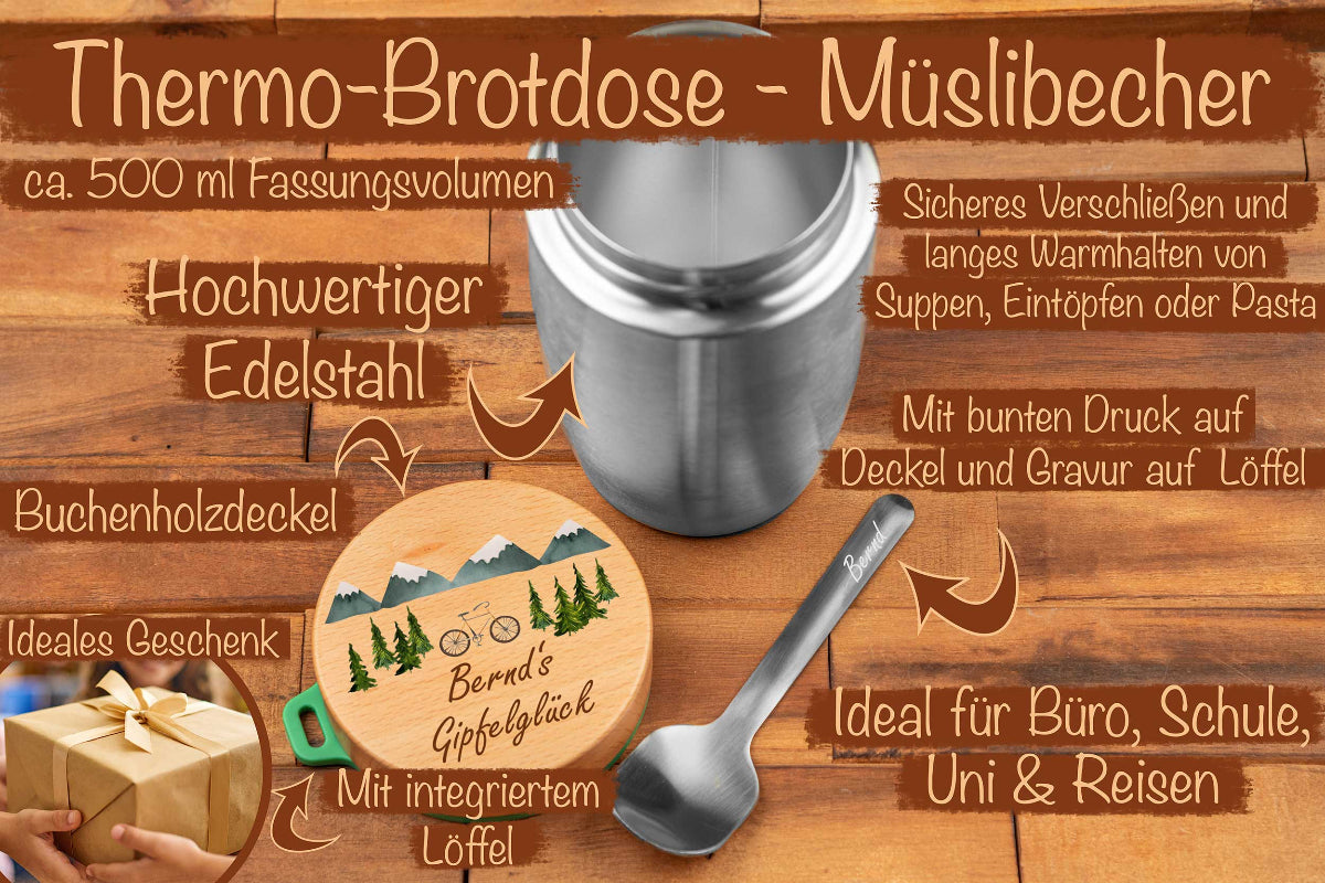 Müslibecher personalisiert mit Buchenholzdeckel - Thermobecher für Essen