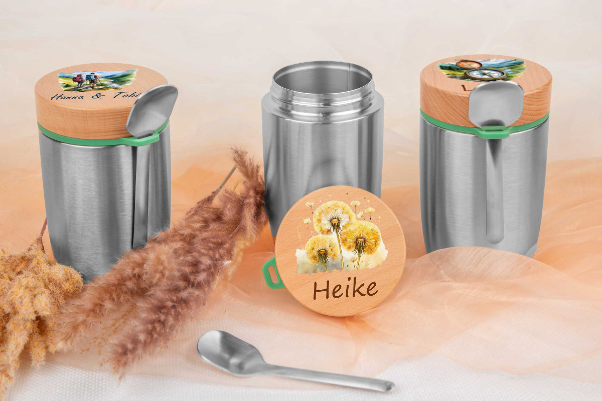 Müslibecher personalisiert mit Buchenholzdeckel - Thermobecher für Essen