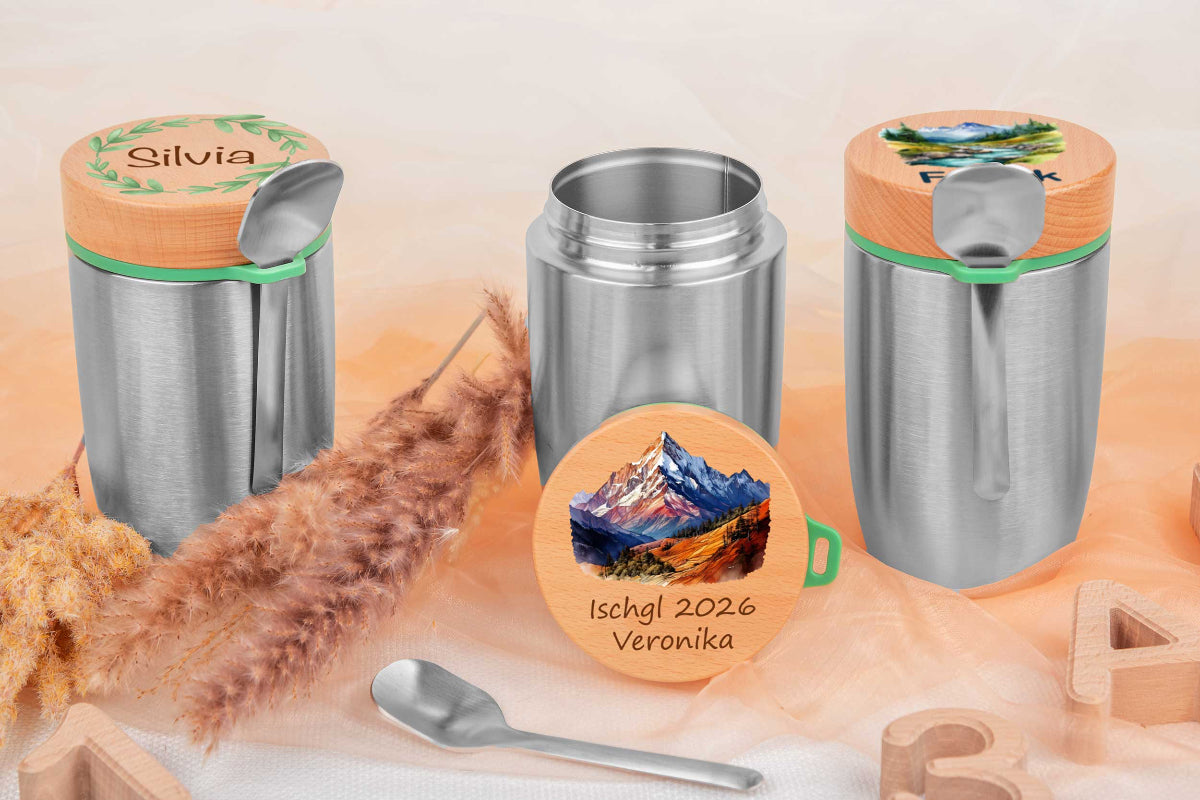 Müslibecher personalisiert mit Buchenholzdeckel - Thermobecher für Essen