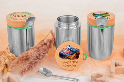 Müslibecher personalisiert mit Buchenholzdeckel - Thermobecher für Essen