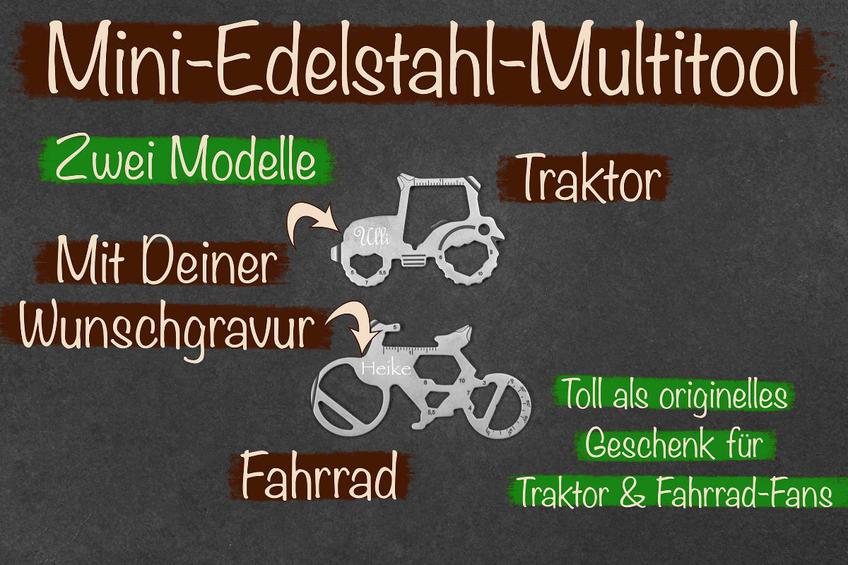 Mini Edelstahl Multitool Fahrrad Traktor mit Namen personalisiert