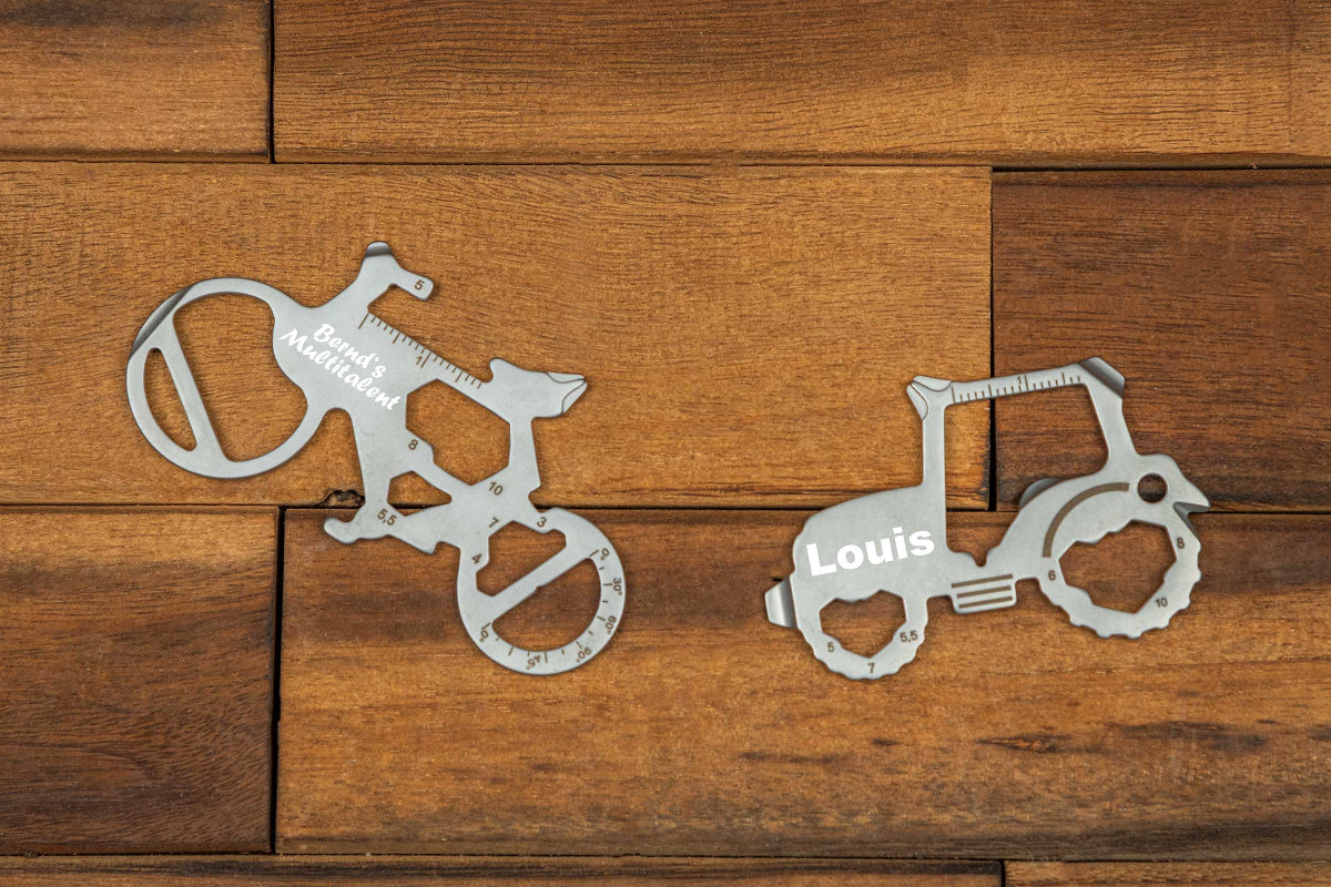 Mini Edelstahl Multitool Fahrrad Traktor mit Namen personalisiert