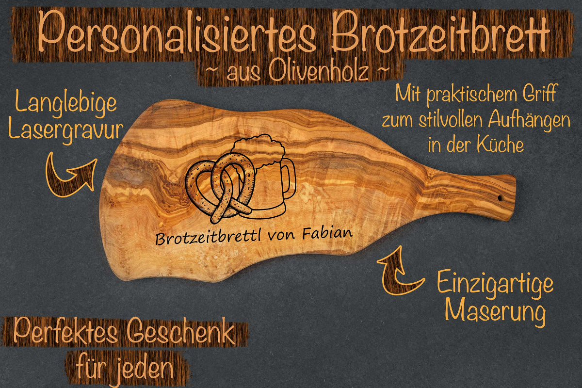 Olivenholz Brotzeitbrett mit Deiner Wunschgravur und vielen Motiven- Schneidebrett