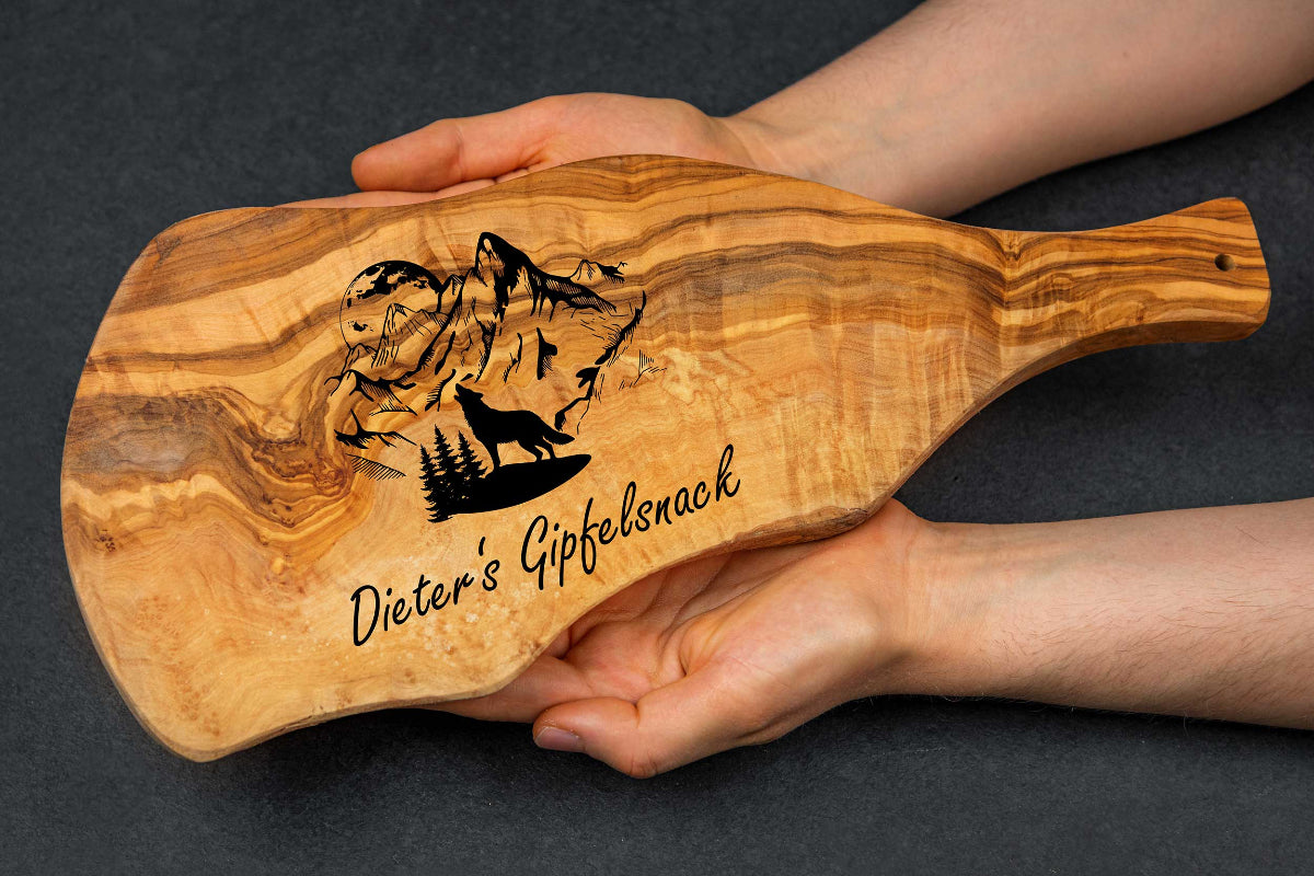 Olivenholz Brotzeitbrett mit Deiner Wunschgravur und vielen Motiven- Schneidebrett