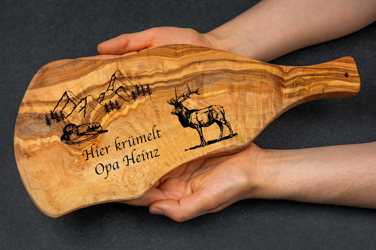 Olivenholz Brotzeitbrett mit Deiner Wunschgravur und vielen Motiven- Schneidebrett