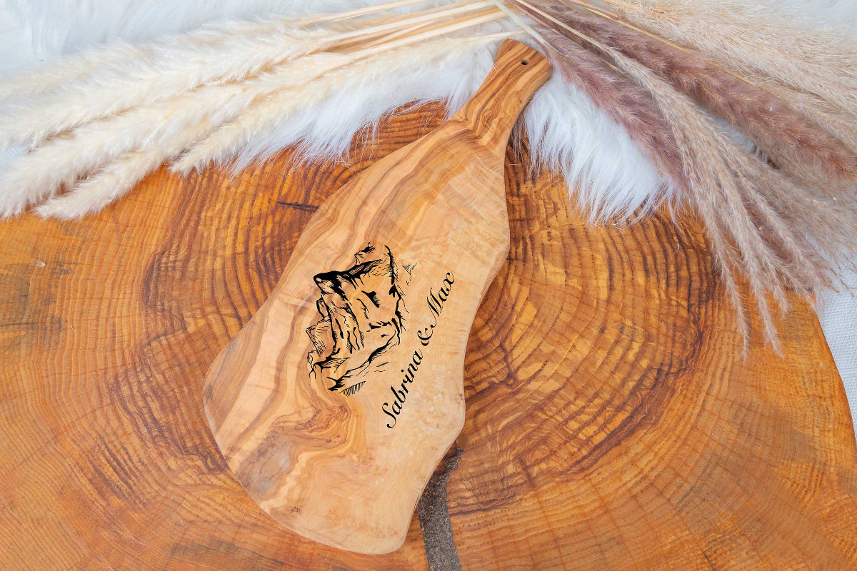 Olivenholz Brotzeitbrett mit Deiner Wunschgravur und vielen Motiven- Schneidebrett