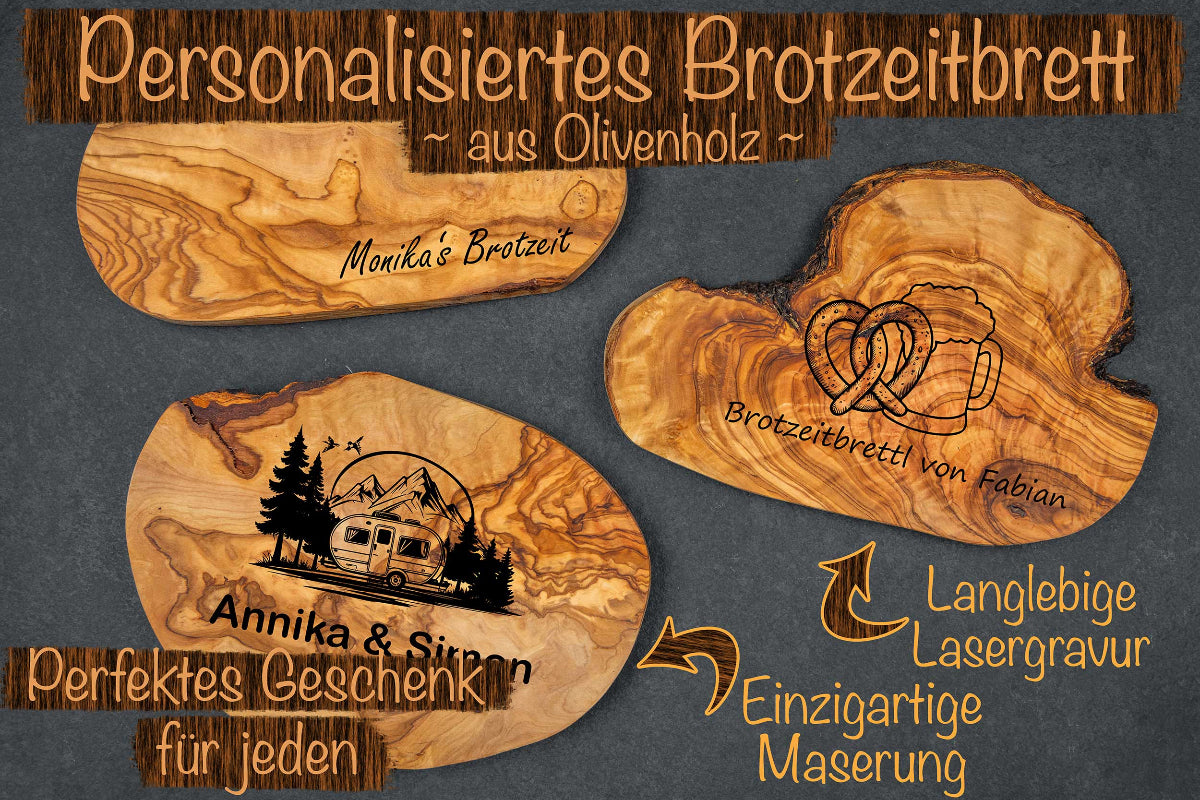 Olivenholz Frühstücksbrett mit Deiner Wunschgravur - Brotzeitbrett