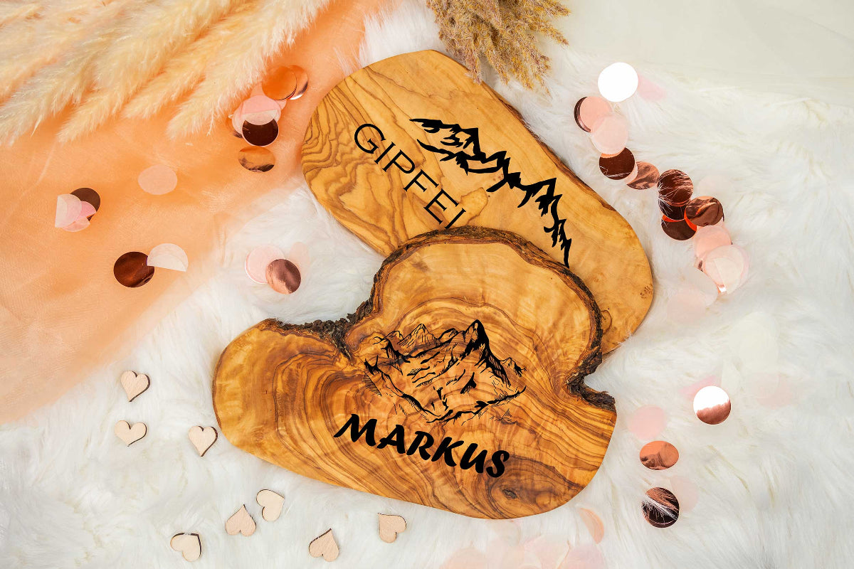 Olivenholz Frühstücksbrett mit Deiner Wunschgravur - Brotzeitbrett