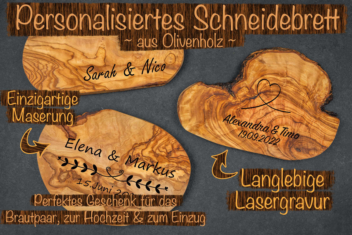 Olivenholz Frühstücksbrett mit Wunschgravur - Hochzeitsgeschenk personalisiert