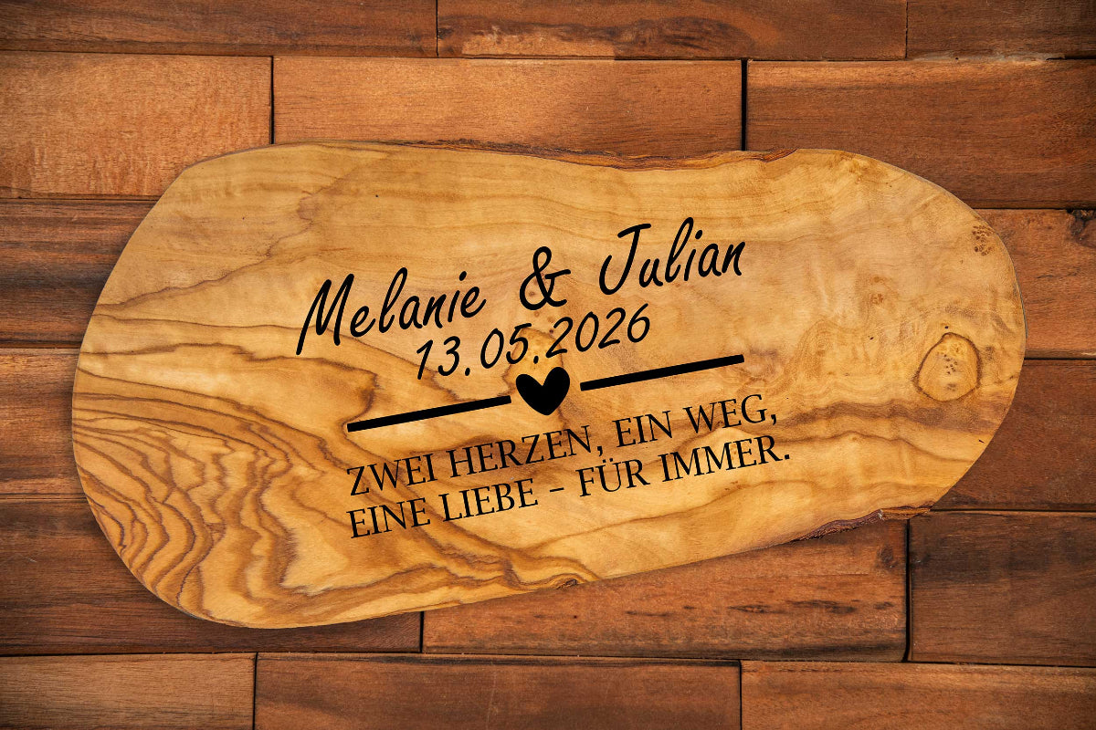 Olivenholz Frühstücksbrett mit Wunschgravur - Hochzeitsgeschenk personalisiert