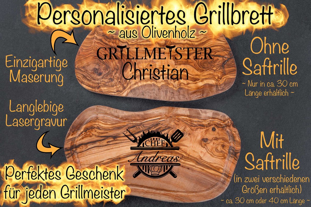 Grillbrett aus Olivenholz mit Gravur • Barbecue Brett • BBQ Brett