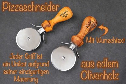 Olivenholz-Pizzaschneider personalisiert mit Gravur