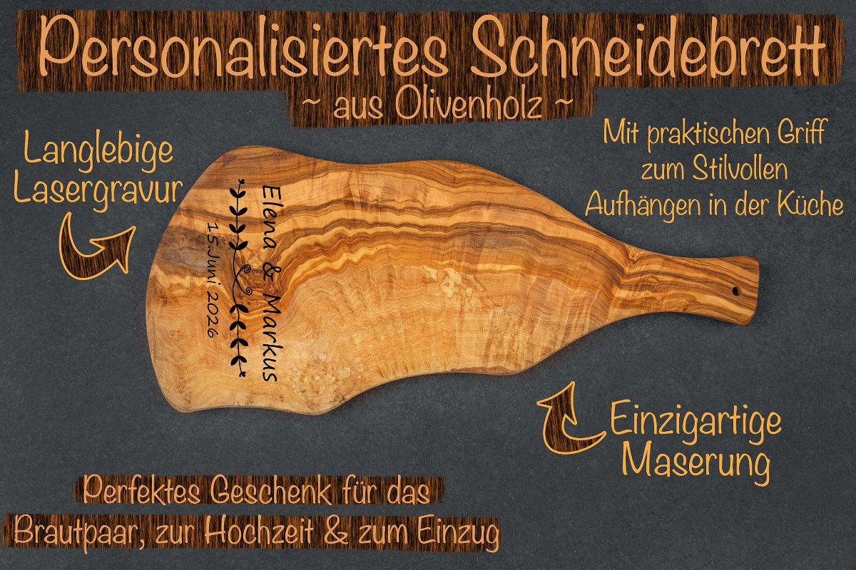 Olivenholz Brett mit Wunschgravur und Griff - Hochzeitsgeschenk