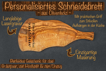 Olivenholz Brett mit Wunschgravur und Griff - Hochzeitsgeschenk