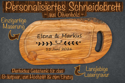Schneidebrett aus Olivenholz mit vielen Motiven und Wunschgravur - Hochzeitsgeschenk