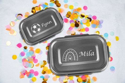 Premium Edelstahl Brotdose personalisiert in drei Größen für Kinder