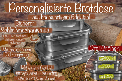 Premium Edelstahl Brotdose personalisiert in drei Größen für Kinder