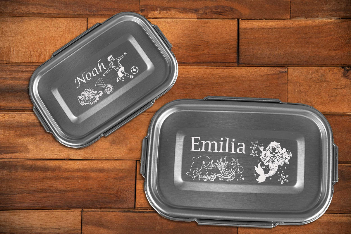Premium Edelstahl Brotdose personalisiert in drei Größen mit Tiermotiven