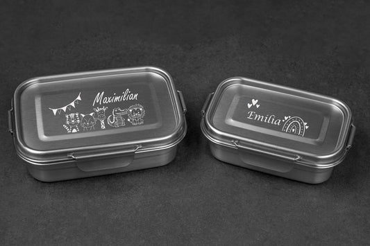 Premium Edelstahl Brotdose personalisiert in drei Größen mit Tiermotiven