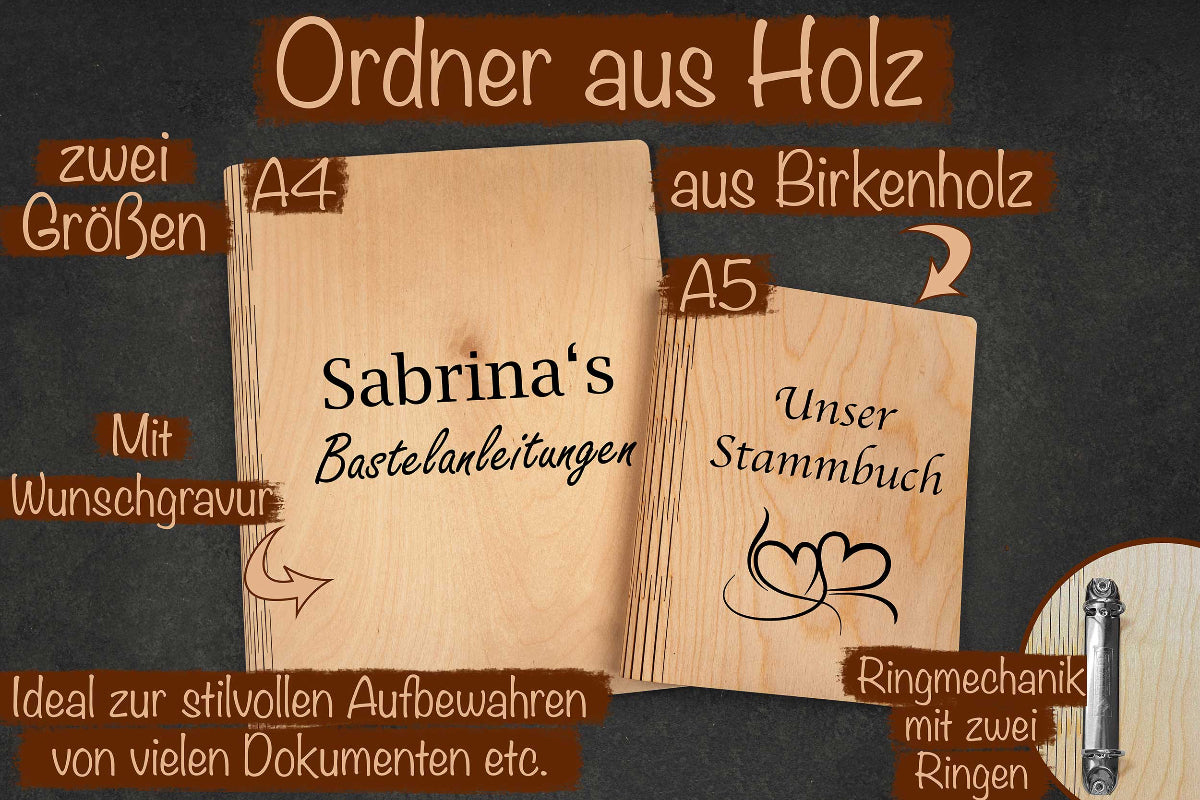 Personalisierter Ordner aus Birkenholz • Stammbuch, Holzordner, Dokumentenordner