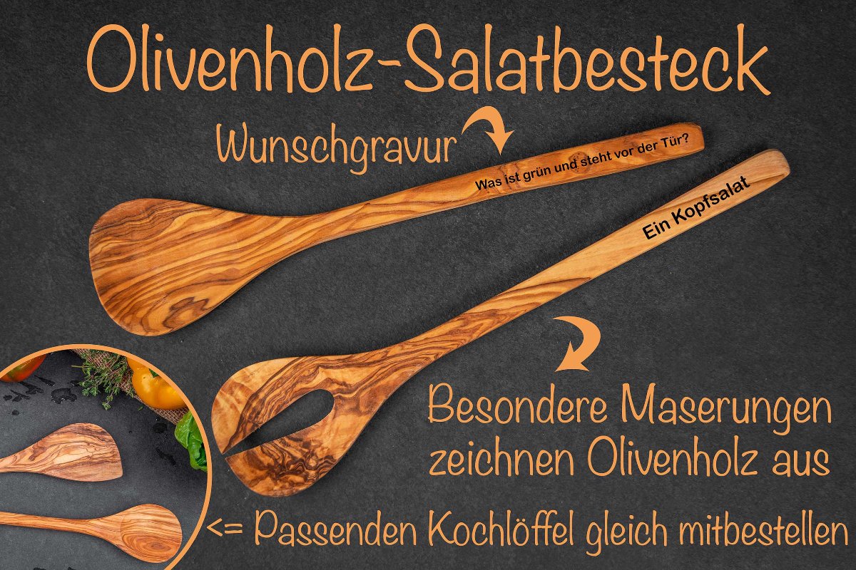 Olivenholz Salatbesteck mit Deiner Wunschgravur und Einkerbung