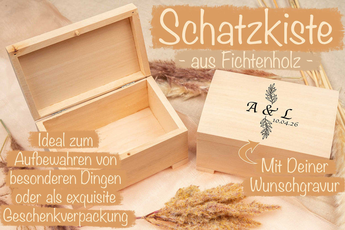 Personalisierte Schatzkiste mit Wunschgravur aus Fichtenholz • Holzkiste