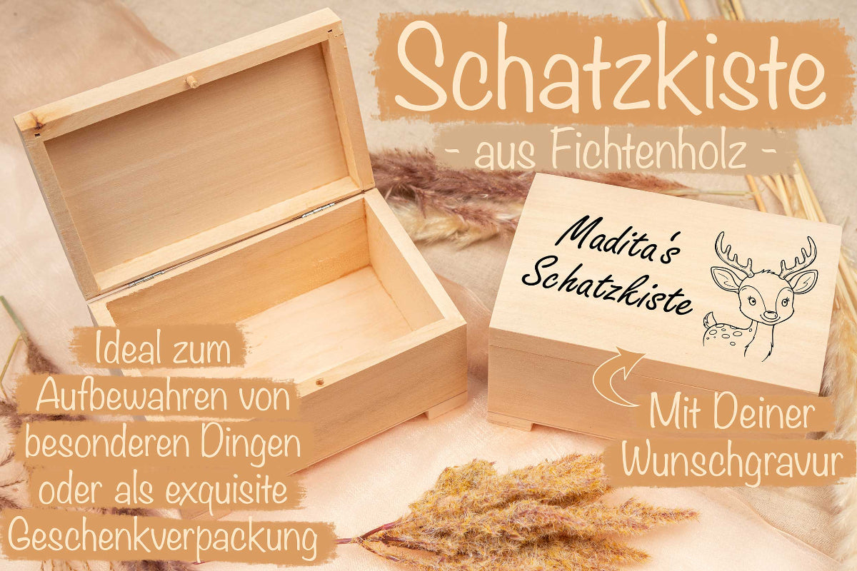 Personalisierte Schatzkiste mit Wunschgravur aus Fichtenholz für Kinder
