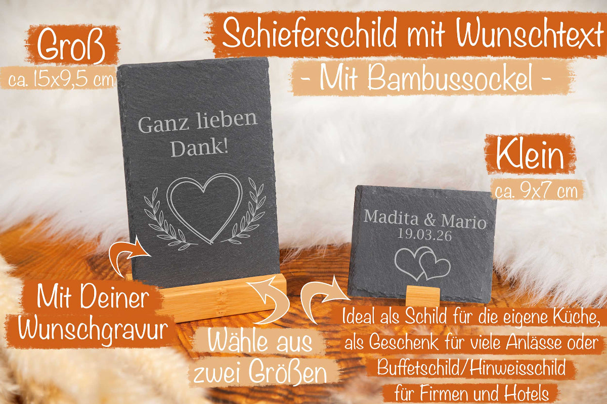 Personalisiertes Schieferschild mit Wunschgravur und Bambussockel