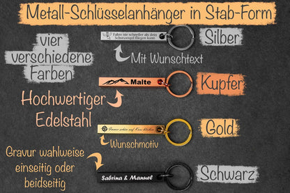 Schlüsselanhänger mit Gravur personalisiert in vier Farben als Stab