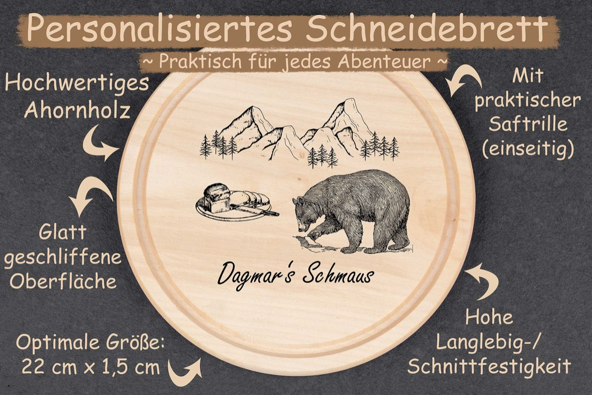 Brotzeitbrett personalisiert mit Namen und Bär vor Bergmotiv