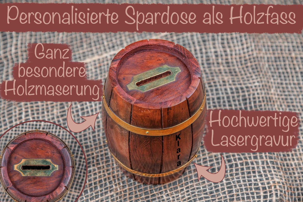 Personalisierte Spardose als Holzfass mit Name