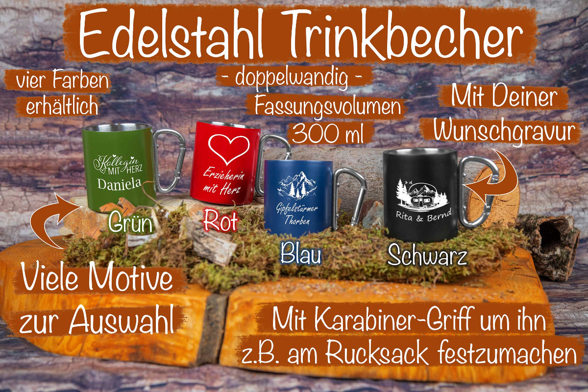 Edelstahl Trinkbecher mit Karabiner personalisiert mit Name