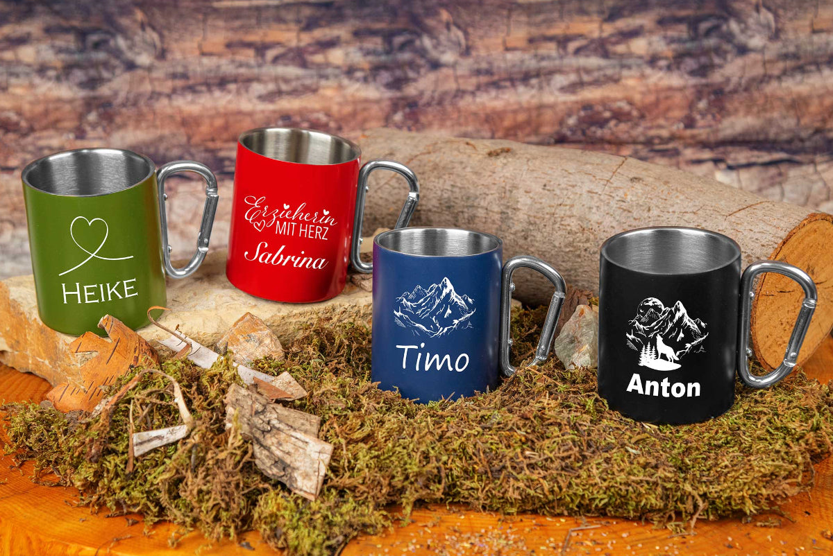 Edelstahl Trinkbecher mit Karabiner personalisiert mit Name