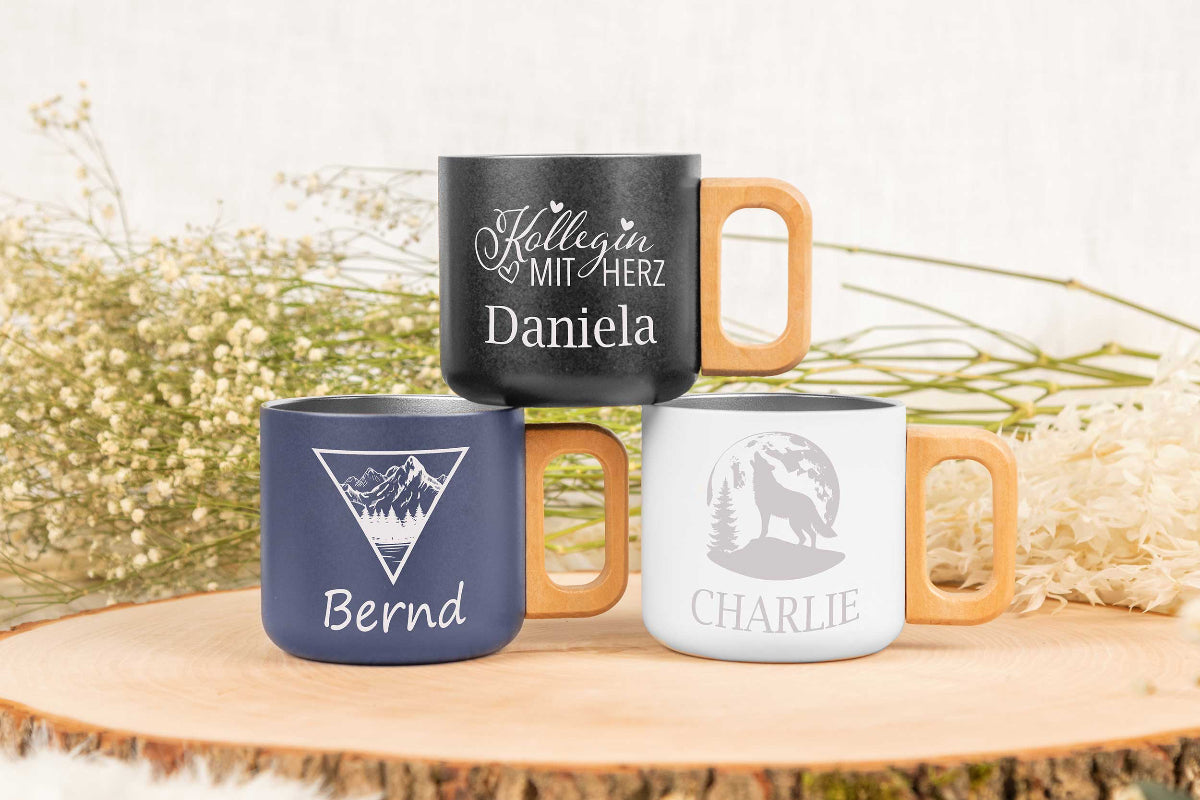 Edelstahl Trinkbecher mit Holzgriff personalisiert mit Name