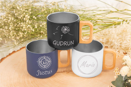 Edelstahl Trinkbecher mit Holzgriff personalisiert mit Name