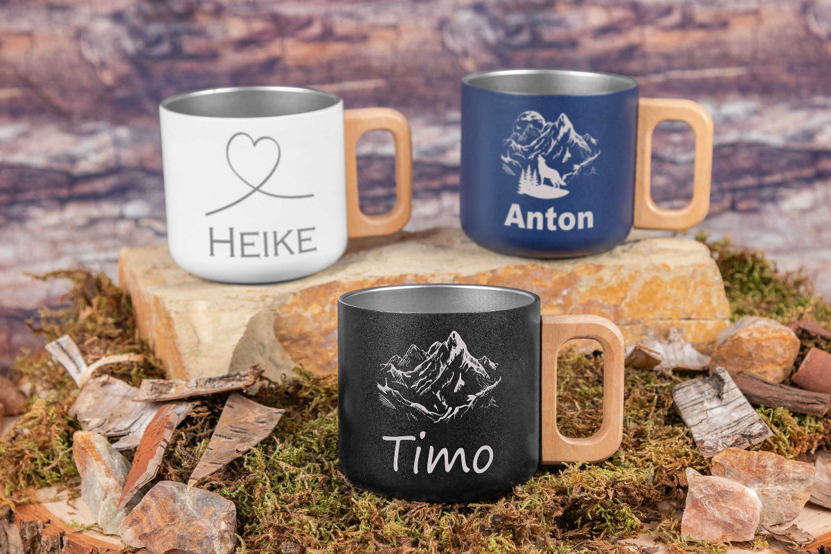 Edelstahl Trinkbecher mit Holzgriff personalisiert mit Name
