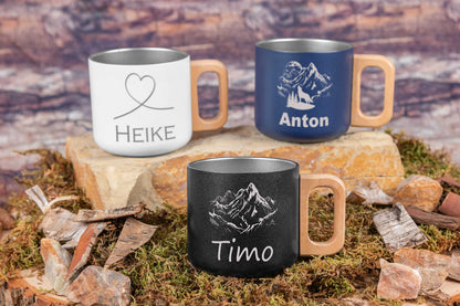 Edelstahl Trinkbecher mit Holzgriff personalisiert mit Name
