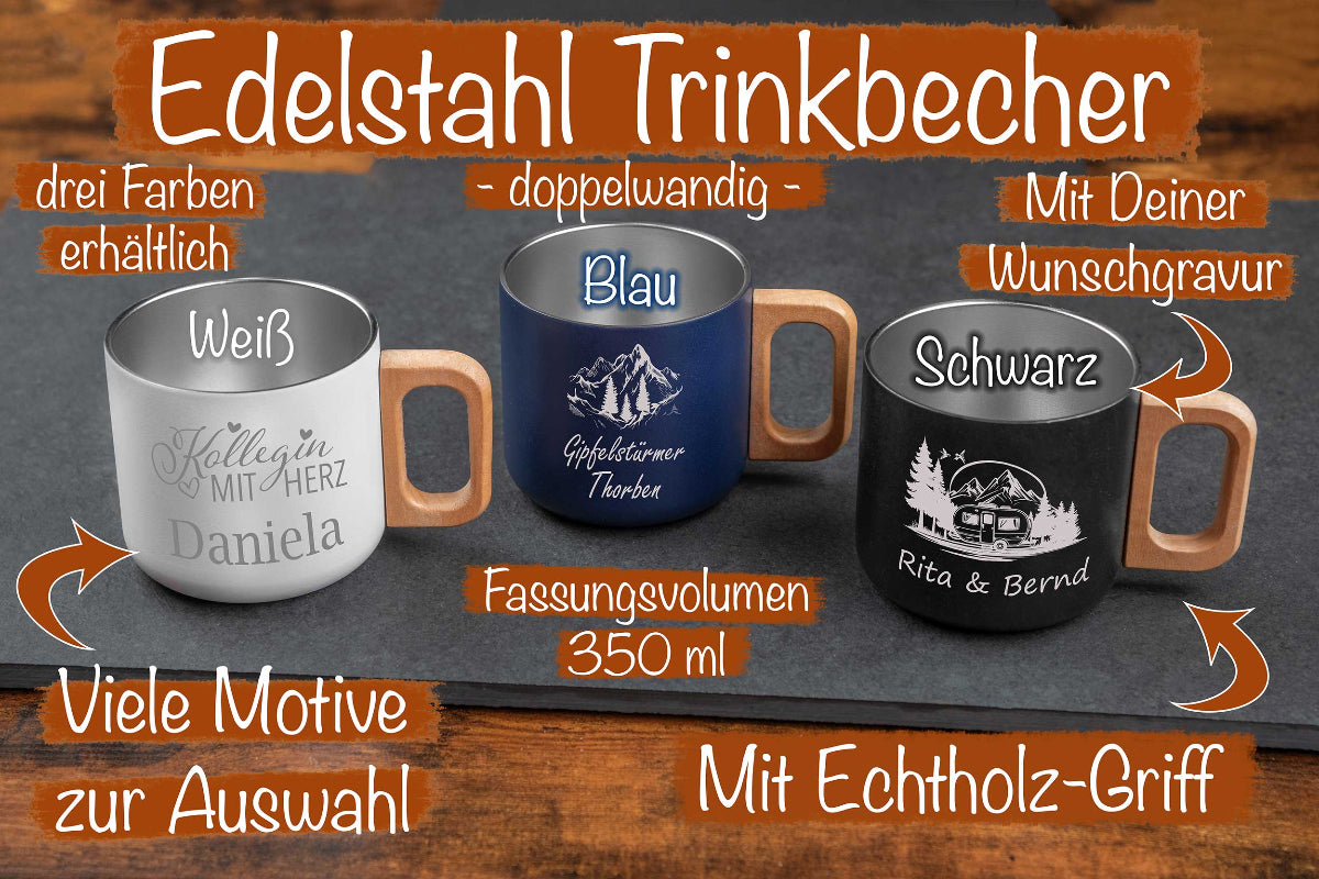 Edelstahl Trinkbecher mit Holzgriff personalisiert mit Name