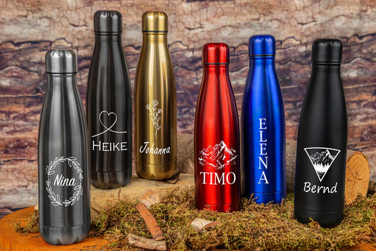 Edelstahl Trinkflasche personalisiert mit Namen - Isolierflasche in sechs Farben
