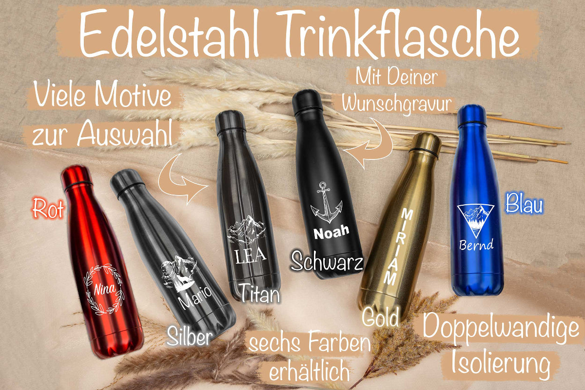 Edelstahl Trinkflasche personalisiert mit Namen - Isolierflasche in sechs Farben