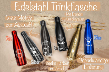 Edelstahl Trinkflasche personalisiert mit Namen - Isolierflasche in sechs Farben