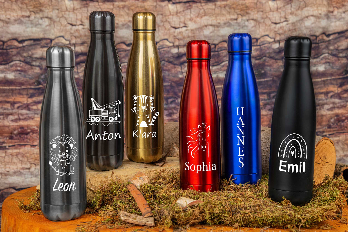 Trinkflasche personalisiert mit Name für Kinder in sechs Farben
