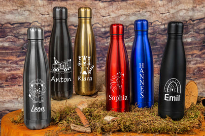 Trinkflasche personalisiert mit Name für Kinder in sechs Farben