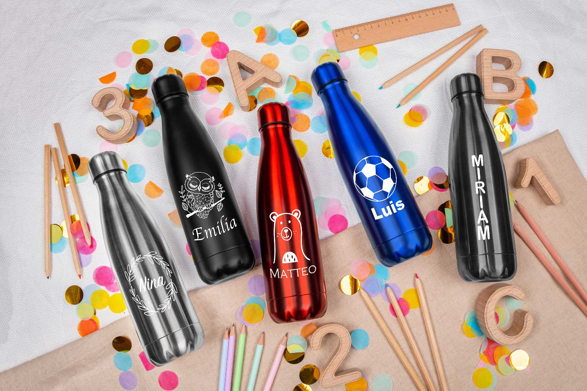Trinkflasche personalisiert mit Name für Kinder in sechs Farben