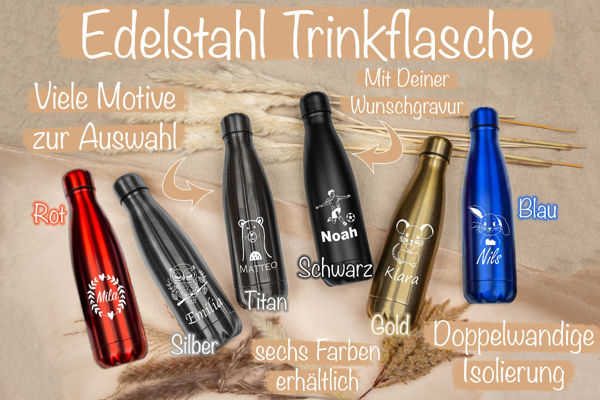 Trinkflasche personalisiert mit Name für Kinder in sechs Farben