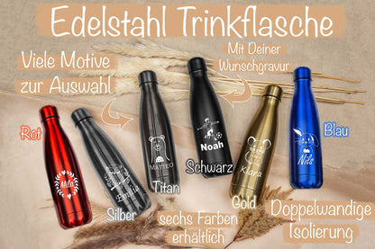 Trinkflasche personalisiert mit Name für Kinder in sechs Farben