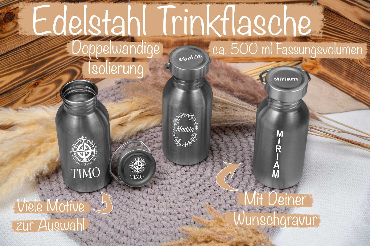 Edelstahl Trinkflasche personalisiert mit Namen - Isolierflasche
