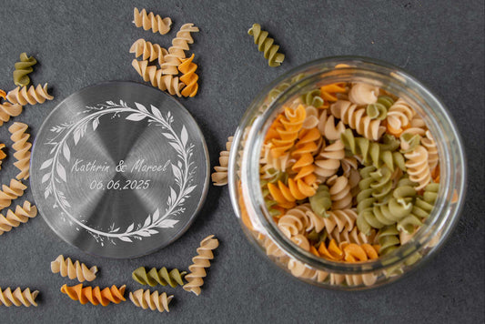 Vorratsglas personalisiert mit Wunschtext und Edelstahl-Deckel
