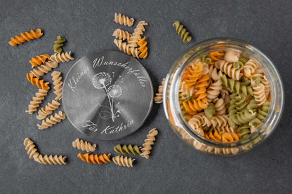 Pesonalisiertes Vorratsglas mit Wunschgravur und Edelstahl-Deckel