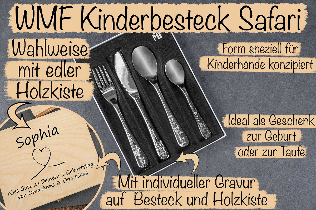 WMF Kinderbesteck Safari mit Holzbox und mit Gravur